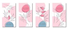 three vertical banners with flowers and nail polish bottles on them, one in pink and the other in blue