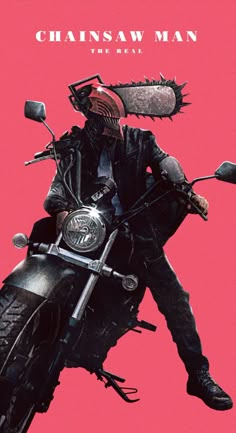 a man riding on the back of a motorcycle wearing a leather jacket and holding a knife