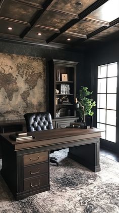 an office with a desk, chair and large map on the wall