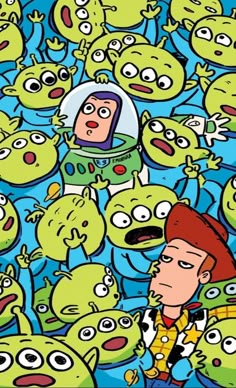 a cartoon character surrounded by many small green alien like creatures, including a man in a red hat