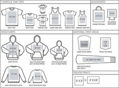 an info sheet showing the different types of hoodies and sweatshirts for men in various sizes