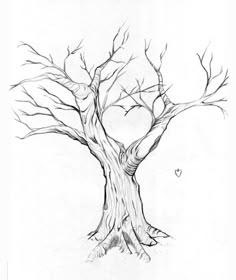 a pencil drawing of a tree with no leaves on it and a heart in the branches