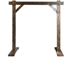 an old wooden frame with metal bars on the top and bottom, against a white background