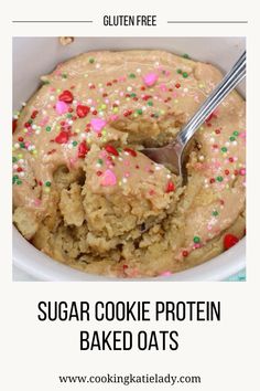 sugar cookie protein baked oats in a white bowl with sprinkles on top