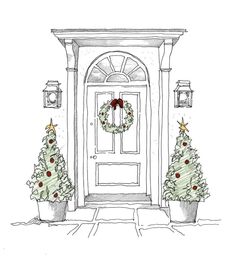 a drawing of two christmas trees in front of a door