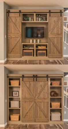 an entertainment center with sliding doors and baskets on the bottom, in between two walls