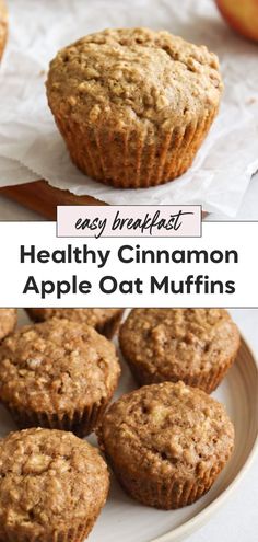 healthy cinnamon apple oat muffins on a white plate with text overlay