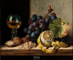 a still life with grapes, nuts and a glass of wine