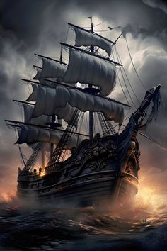 a pirate ship sailing in the ocean on a stormy day