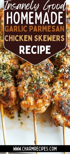 grilled chicken skewers with homemade garlic parmesan sauce are on a white plate