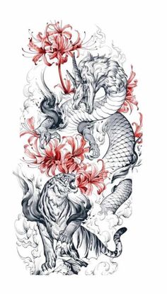 Sleeve Tattoos Dragon, Dragon Tiger Tattoo, Spongebob Tattoo, Dragon And Tiger, Tattoos Dragon, Japanese Tiger Tattoo, Dragon Sleeve, Dragon Tattoo Art, Japanese Dragon Tattoo