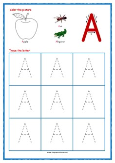 the letter a worksheet for children to learn how to write and draw letters