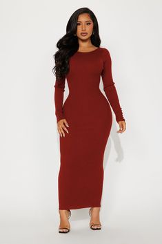 Available In Black, Purple, And Cognac. Sweater Maxi Dress High Neck Long Sleeve w/ Button Detail Backless Stretch 70% Viscose 30% Nylon Imported | Cierra Backless Sweater Maxi Dress in Cognac Brown size XL by Fashion Nova Real Estate Outfits, Maxi Dress Fall, Backless Sweater, Female Outfits, Dress High Neck, Sweater Maxi Dress, Maxi Dresses Fall, High Neck Long Sleeve, Radio Station