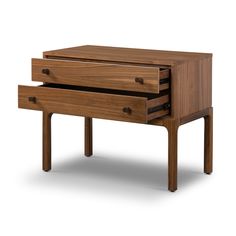 a wooden desk with two drawers on one side and an open drawer on the other