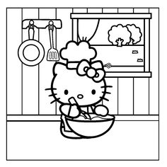 hello kitty cooking in the kitchen coloring page