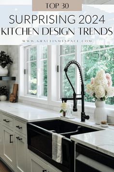 the top 30 surprising kitchen design trend for 2014 is black and white, with flowers on the countertop