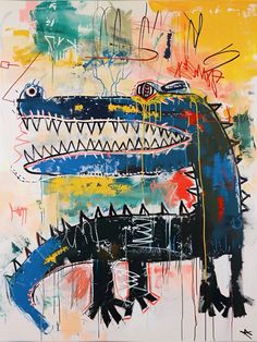 an abstract painting with lots of different colors and shapes on it's face, including the head of a dinosaur