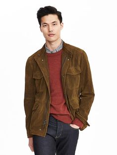 Modern suede jacket Banana Republic Fall 2016 Chore Coat, Pocket Jacket, Single Breasted Jacket, Brown Leather Jacket, Tailored Suits, Trucker Jacket, Leather Jacket Men