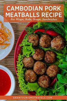 a plate with meatballs and lettuce on it next to some sauces