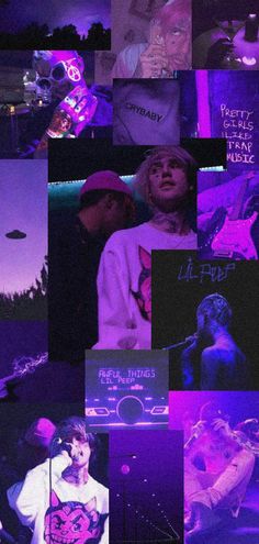 a collage of photos with people in the background and purple lighting on them, including one person holding a microphone