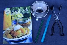 the book blue book is next to some scissors and other crafting supplies on a table