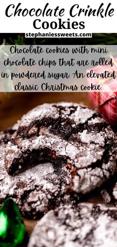 chocolate crinkle cookies with mint chocolate chips that are melted in powdered sugar and decorated with christmas candy