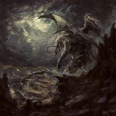 a painting of a giant creature in the middle of a body of water at night