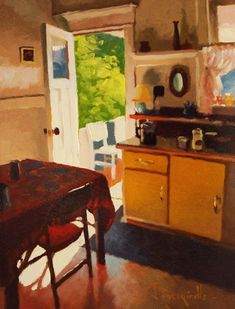 a painting of a kitchen and dining room