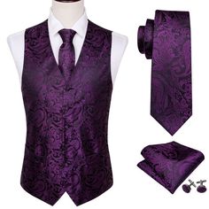 Condition: Handmade Material : 100% jacquard woven silk,silk offers most comfortable and soft feeling of wearing,polyester makes it more practical and wear-resistant. Wash by hand or by machine, non-shrink, no pilling or fade. Purple Vest, Wedding Vest, Men Waistcoat, Tuxedo Coat, Suit Tuxedo, Silk Vest, Mens Suit Vest, Necktie Set, Vest And Tie