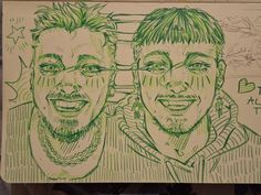 a drawing of two men with green hair