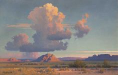 an oil painting of clouds in the sky over mountains and desert land with grass on either side