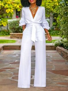 24 Birthday, White Party Outfit, Spring Fashions, Style Pantry, Woman In White, Solid Color Jumpsuits, Formal Pants, All White Outfit, Jumpsuit Elegant