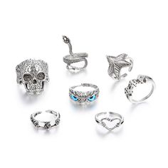 Material: Alloy Size: Alloy Fashion Element: Owl, Snake Style: INS Style Punk Style Metal Open Ring, Punk Style Metal Open Ring Jewelry, Trendy Silver Skull Jewelry, Grunge Ring, Rings Pack, Punk Skull, Owl Ring, Cobra Snake, Heart Rose