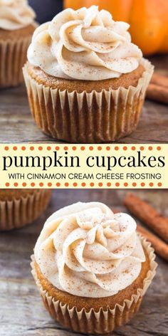 two pumpkin cupcakes with cinnamon cream cheese frosting on top and an orange pumpkin in the background