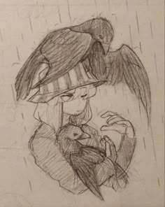 a drawing of a woman with an umbrella and bird on her head, in the rain