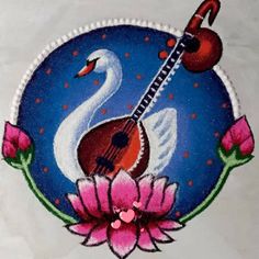 a painting of a swan with a guitar on it's back and pink flowers in the foreground