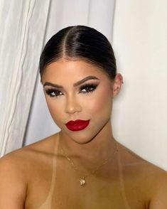 Make Up For White Outfit Classy, Make Up Ideas Red Lip, Side Part Elegant Hair, Red Lipstick Glam Makeup, Prom Makeup For Black Dress Red Lips, Smokey Eyes And Red Lips, Black Friday Makeup Look, Make Up With Red Lipstick Brown Eyes, Birthday Makeup Red Lips