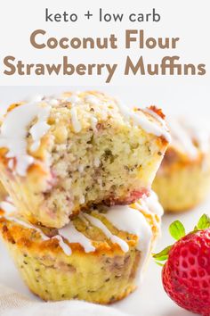 two coconut flour muffins stacked on top of each other with strawberries in the background