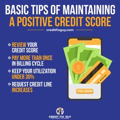 a blue background with the words basic tips of maintaining a positive credit score