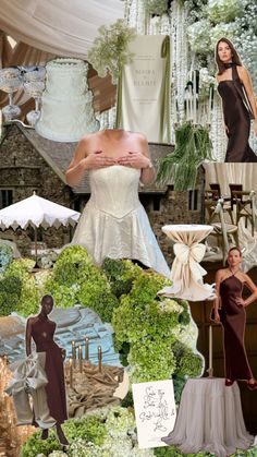 the collage shows different types of wedding dresses and gowns, as well as flowers