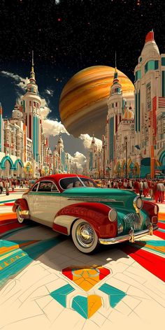 an old car is parked in front of a futuristic city with colorful buildings and planets