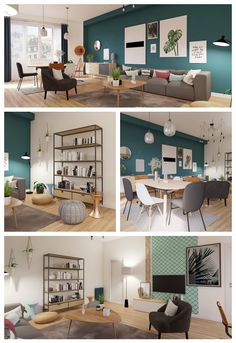 four different pictures of a living room and dining room