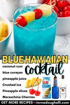 a blue hawaiian cocktail with pineapple slices and cherries on the rim is featured in this ad