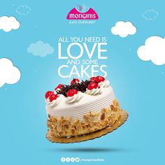 a cake with white frosting and cherries on top is featured in the advertisement