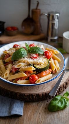 a plate of pasta with tomatoes, zucchini and spinach on a wooden cutting board