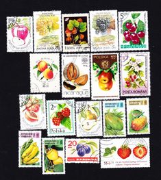 a bunch of stamps with different fruits and vegetables on them, all in various colors