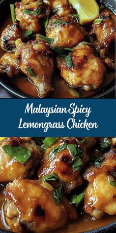 malaysian spicy lemongrass chicken is served in a skillet and garnished with fresh herbs