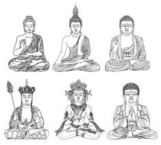 six buddhas sitting in different positions