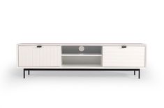 a white tv stand with black legs and drawers