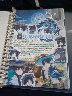 Genshin impact wanderer journal spread idea Scrapbook Poster Ideas, Art Scrapbook Ideas, Genshin Scrapbook, Notebook Cover Design Ideas, Mind Map Ideas, Binder Cover Ideas, Anime Journal Ideas, Aesthetic Genshin